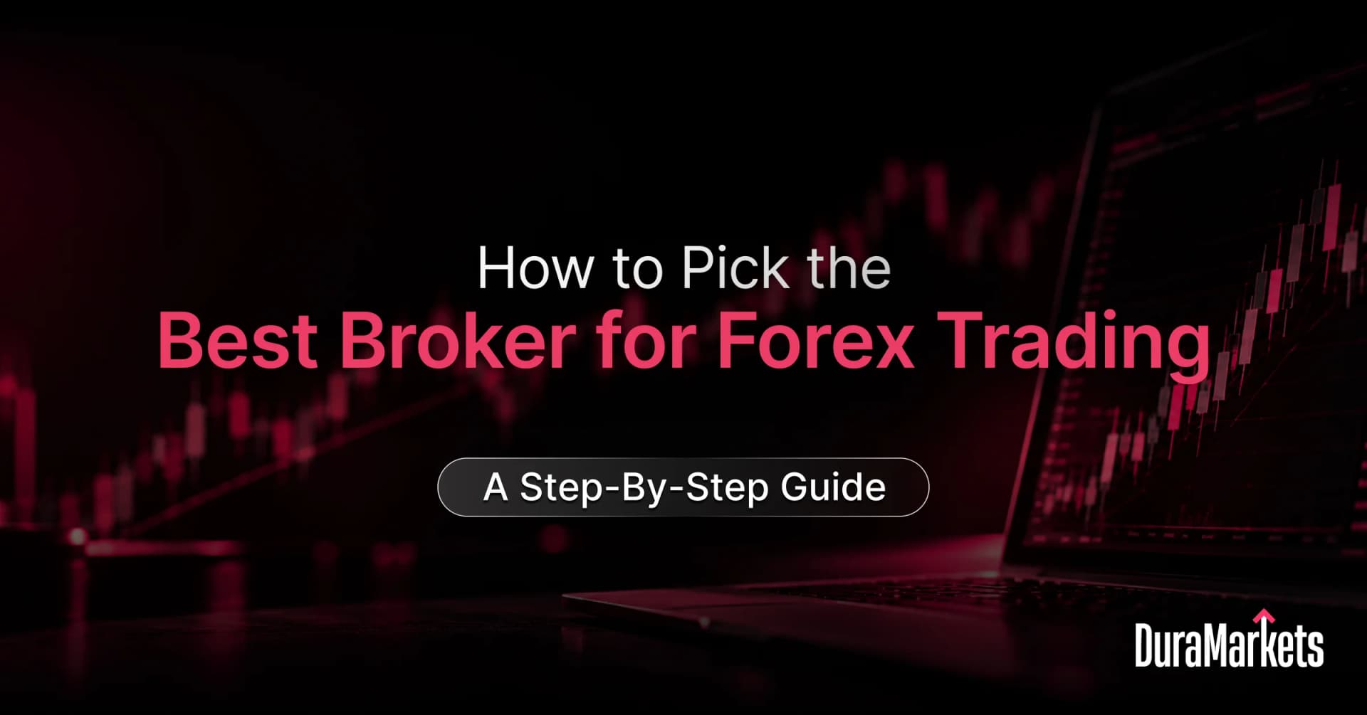 Forex trading guide banner with red market charts, a laptop displaying candlestick charts, and the DuraMarkets logo.