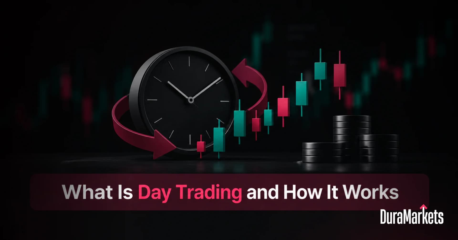 Day trading illustration featuring a clock, red arrows, green and red candlestick charts, and coin stacks, highlighting how day trading works and short-term financial market movements, with DuraMarkets branding.