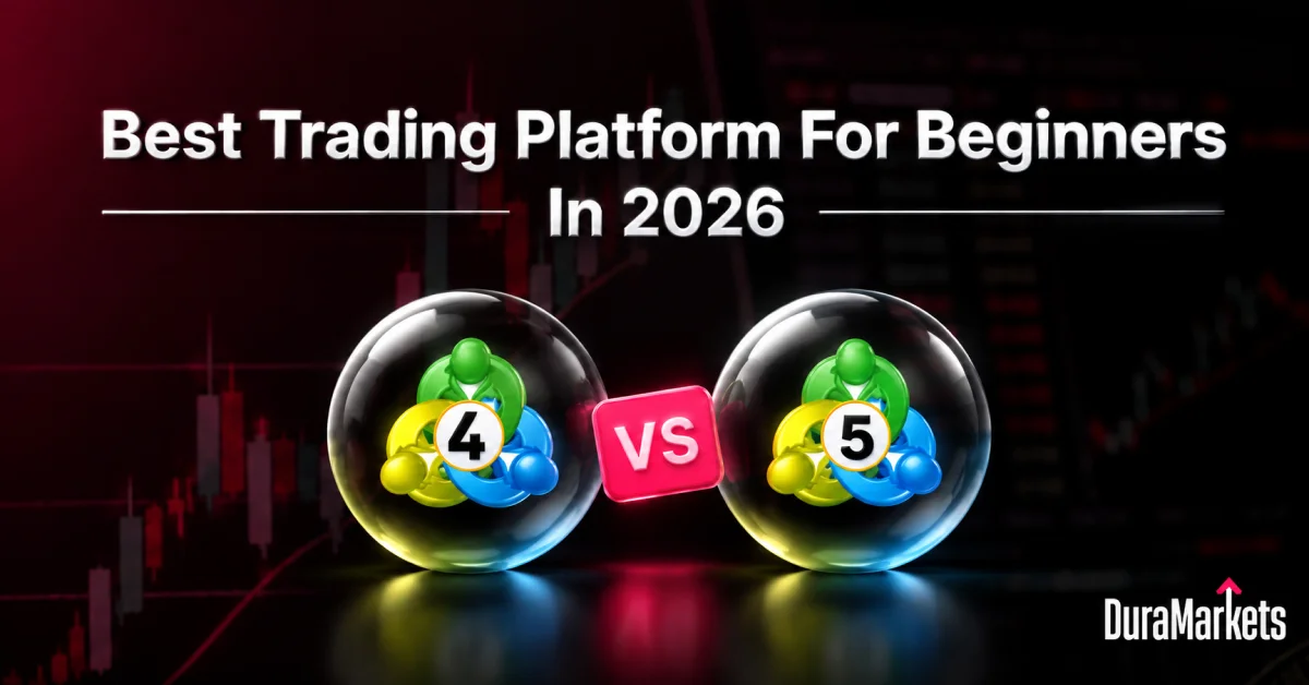 Infographic with title, Best Trading Platform for Beginners in 2026: MT4 vs MT5.