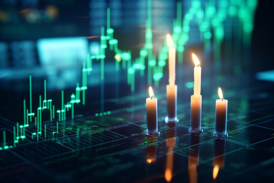 A creative depiction of forex trading with real candles mimicking candlestick patterns on a digital trading chart.